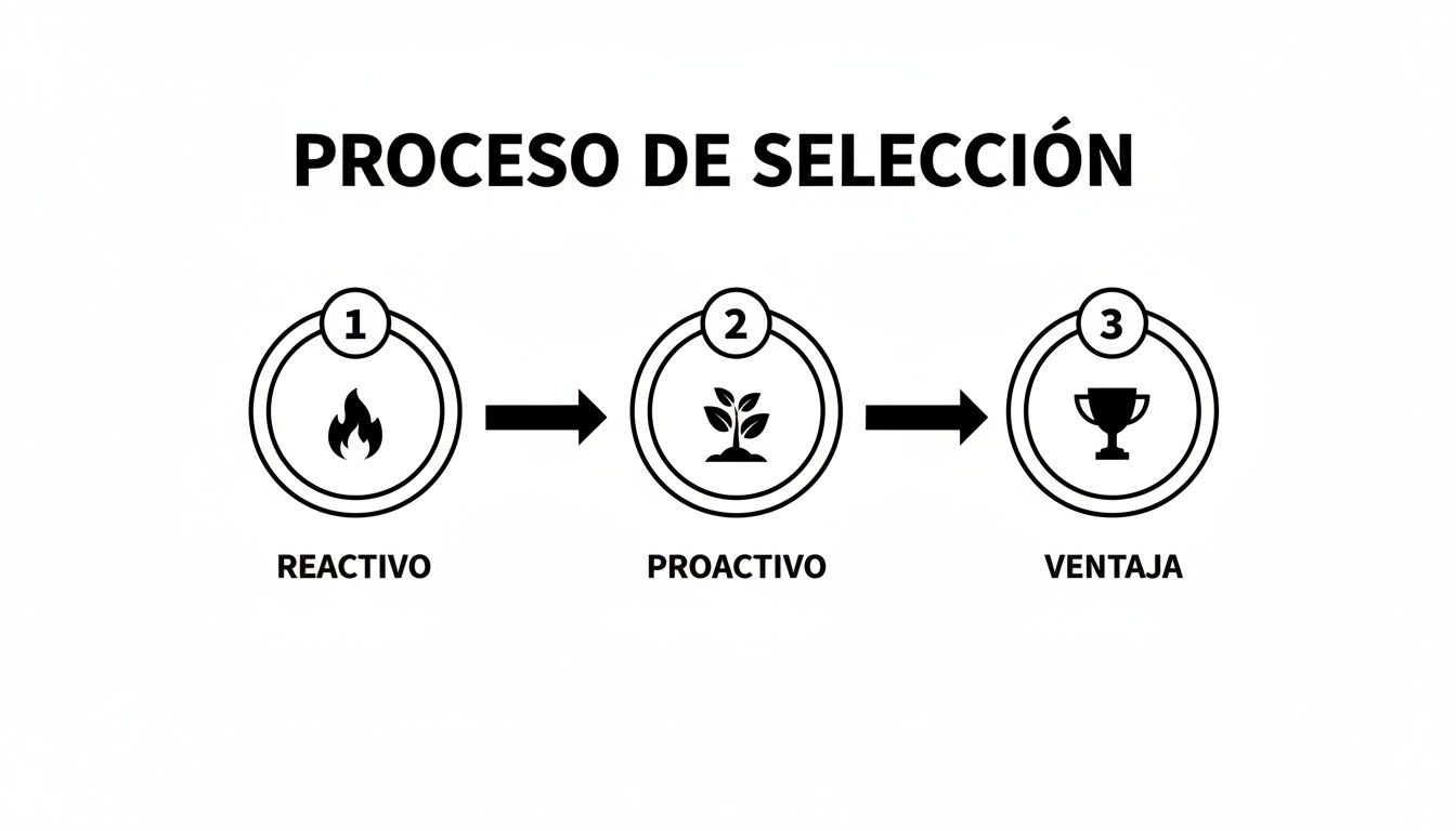 Diagrama del proceso de selección de tres pasos: reactivo (llama), proactivo (planta) y ventaja (trofeo).