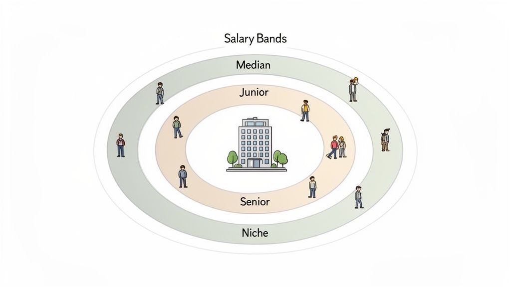 Diagrama de bandas salariales mostrando niveles Junior, Senior, Mediano y Niche con empleados en una organización.