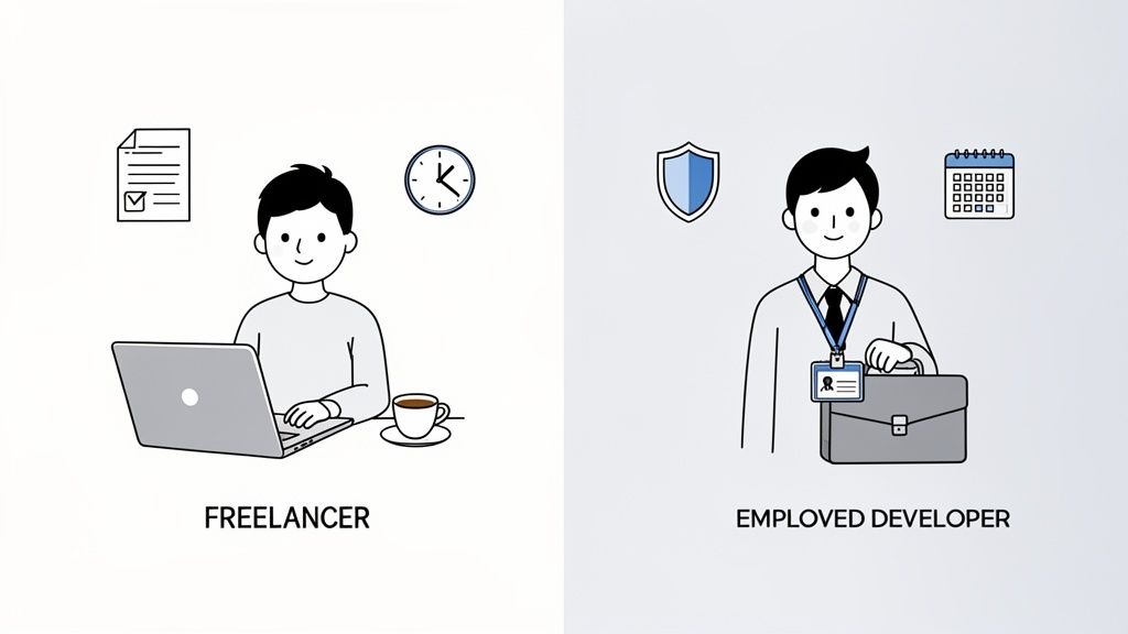 Comparación visual entre un desarrollador freelance con flexibilidad y un programador empleado con seguridad laboral.